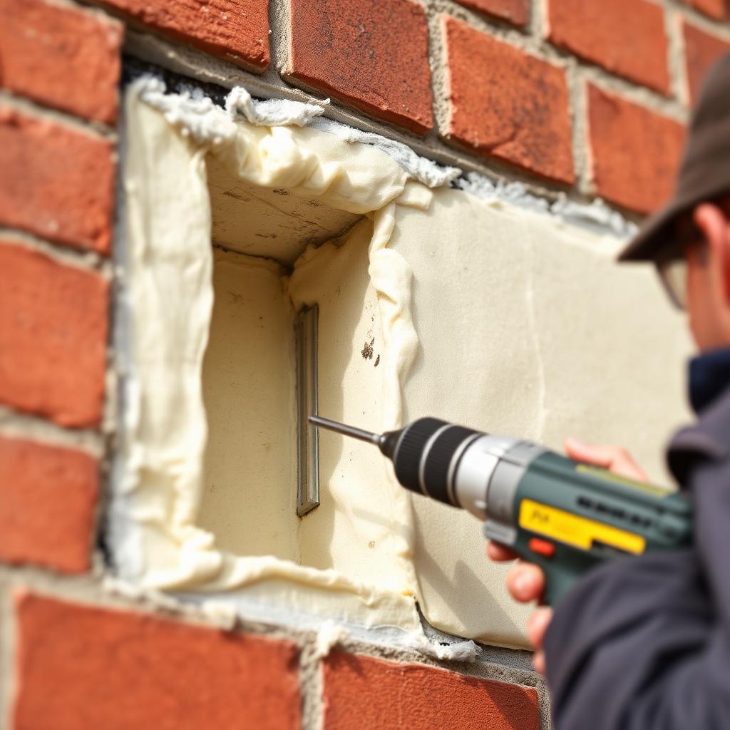 Cavity wall insulation being installed in brickwork