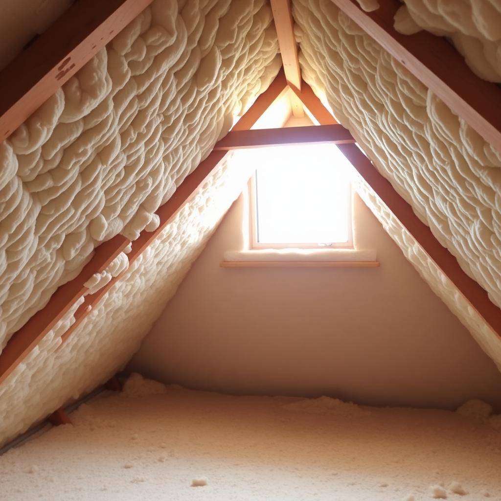 Freshly installed loft insulation between rafters