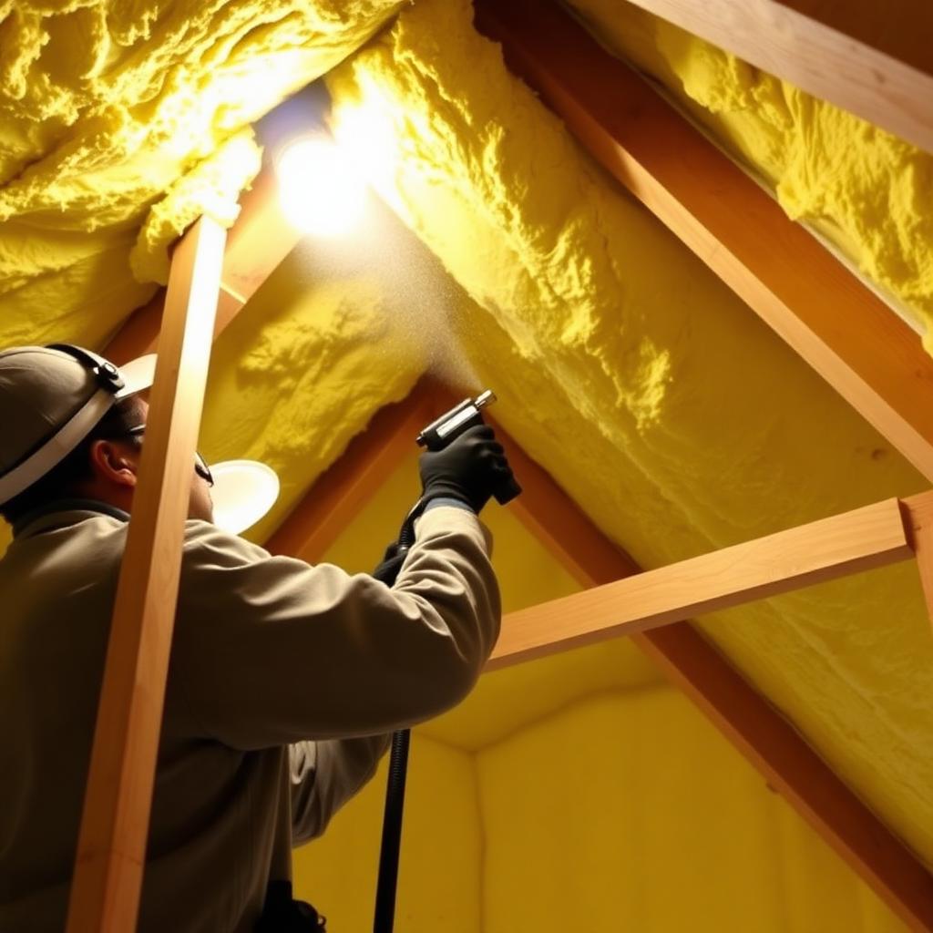 Spray foam insulation applied to roof rafters