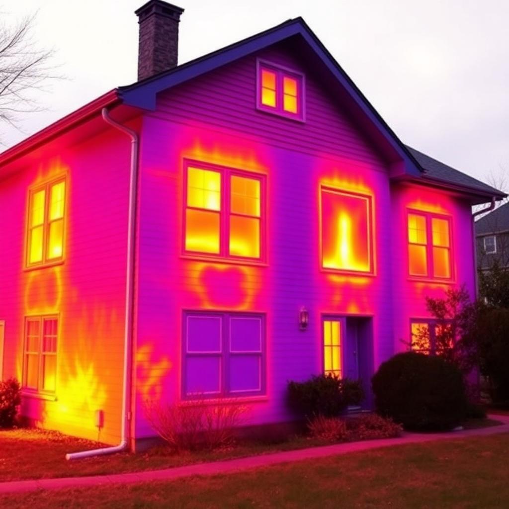 Thermal image showing heat loss from an uninsulated home